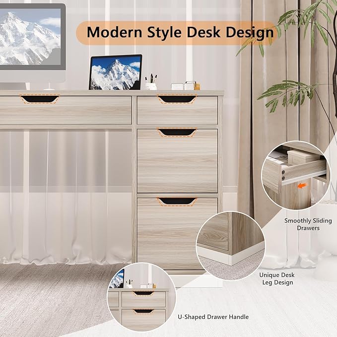 Computer Desk with Storage Drawers, 54 Inch Executive Desk with 7 Drawers for Bedroom, Office Desk with File Drawers for Work Study Writing, Small Spaces, White and Walnut