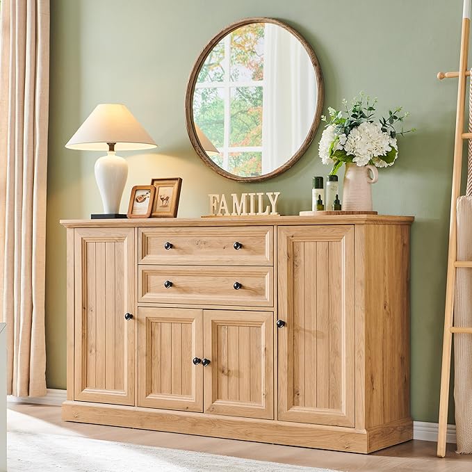 Farmhouse 58" Buffet Cabinet with Storage, 34" Tall Sideboard Cabinet w/2 Large Drawers & 4 Grooved Barn Doors, Wood Rustic Sideboard for Dinning Room, Kitchen, Living Room,Natural