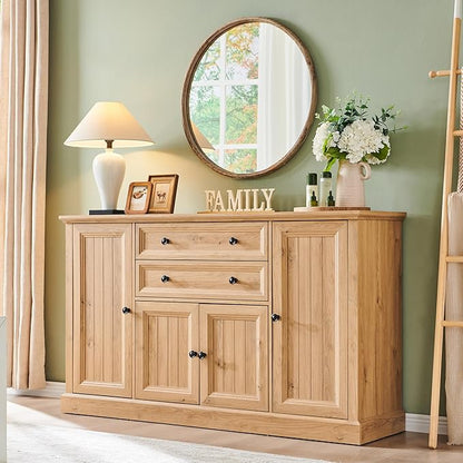 Farmhouse 58" Buffet Cabinet with Storage, 34" Tall Sideboard Cabinet w/2 Large Drawers & 4 Grooved Barn Doors, Wood Rustic Sideboard for Dinning Room, Kitchen, Living Room,Natural