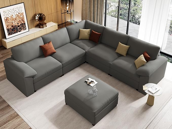 EASE MOOSE Oversized Corner Modular Sectional Sofa with Ottoman, Faux Leather Sectional Sofa with Deep Seat, Scratch Resistant Faux Leather Material, Extra Large L Shaped Couch, Grey