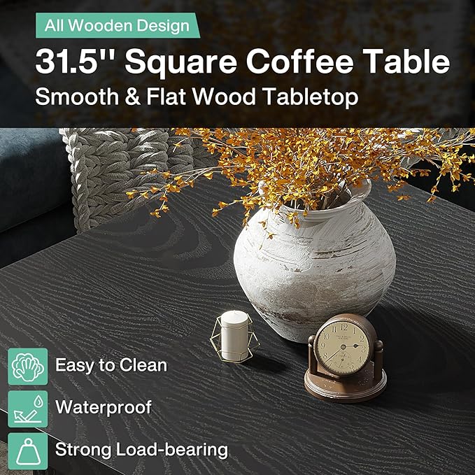 Tribesigns Square Coffee Table, 31.5-Inch Fluted Coffee Table, Mid-Century Modern Living Room Table, Large Cocktail Table for Living Room, Easy Assembly, Black