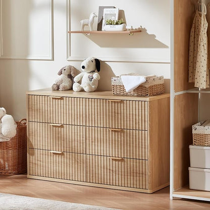 LEYAOYAO Fluted 6 Drawers Dresser, 48" Wide Modern Chest of Drawers with Woodgrain Top, Curved Profile Design, Dresser TV Stand, Wood Drawer Organizer for Bedroom, Living Room, Hallway,Wood