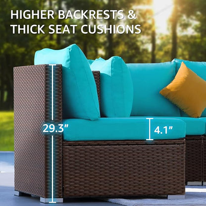 NICESOUL Large Outdoor Patio Furniture Set with Firepit Propane/Natural Gas, High-End Deep Seats Wicker Modular Sectional Sofas for 8, 29.3'' High Back Conversation Sets, Brown Rattan and Teal Cushion