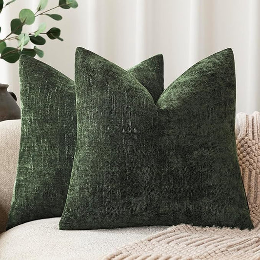 Foindtower Pack of 2 Soft Textured Chenille Throw Decorative Pillow Covers Square Accent Solid Cushion Cover Neutral Farmhouse Pillow Case for Couch Sofa Bedroom Living Room 26x26 Inch,Dark Green