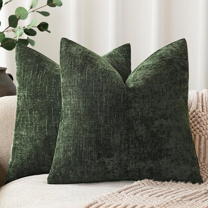 Foindtower Pack of 2 Soft Textured Chenille Throw Decorative Pillow Covers Square Accent Solid Cushion Cover Neutral Farmhouse Pillow Case for Couch Sofa Bedroom Living Room 16x16 Inch,Dark Green