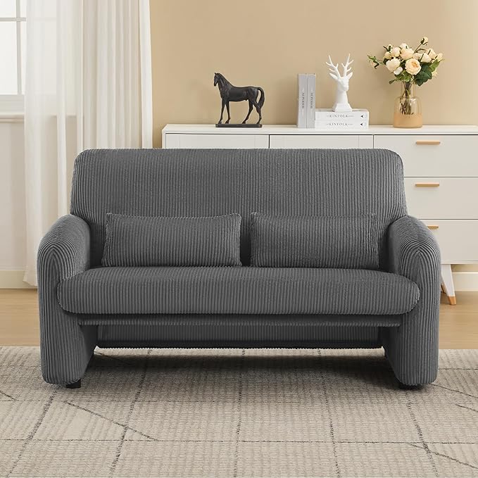 56'' Corduroy Loveseat Sofa, 2 Seater Love Seat Couch for Small Space, Comfy Upholstered Modern Leisure Loveseat Couches with Lumbar Pillows for Bedroom, Office, Living Room, Grey