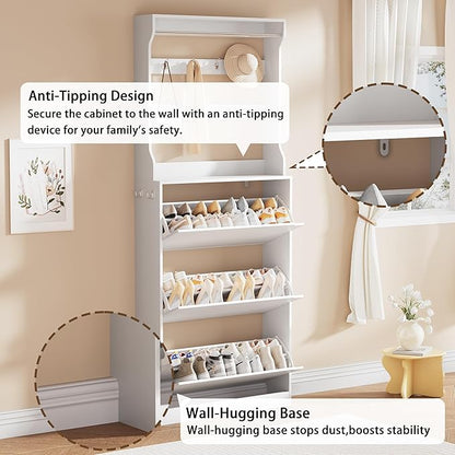 Shoe Cabinet for Entryway, White, 31.5 * 9.37 * 78.74 Inch, 3 Flip Drawers, 3 Shelves, Modern Style