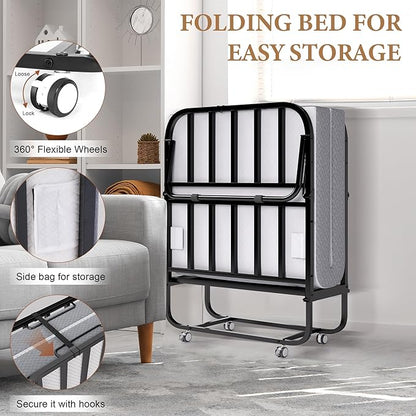 Folding Bed with Memory Foam Mattress, Portable Rollaway Guest Beds on Wheels, 75"x31" Twin Size Space-Saving Cot-Size Bed for Adults with Easy Assembly Metal Frame (White)