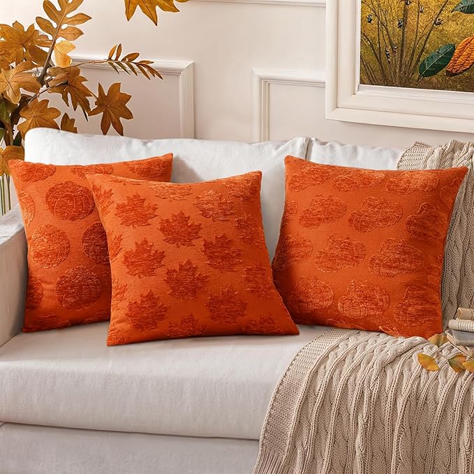 decorUhome Decorative Two Rust Pumpkins Thanksgiving Throw Pillow Covers 12x20 Set of 2, Soft Chenille Jacquard Farmhouse Textured Pillow Covers for Couch Bed Sofa Autumn Harvest Halloween Holiday