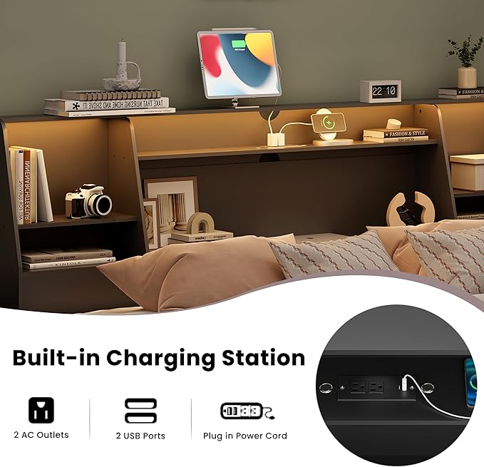 King Size Headboard Only for Bed, Wood Bookcase Headboard with Charging Station & 2 LED Lights, Modern King Bookshelf Headboard with Storage, Noise-Free, Sturdy and Durable, Black