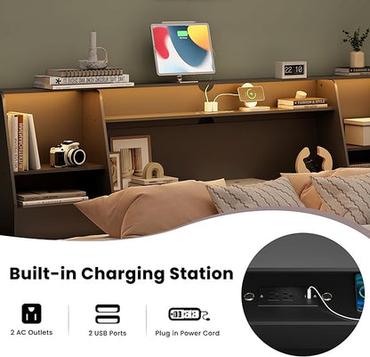 King Size Headboard Only for Bed, Wood Bookcase Headboard with Charging Station & 2 LED Lights, Modern King Bookshelf Headboard with Storage, Noise-Free, Sturdy and Durable, Black