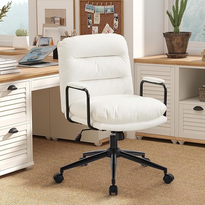 Furniliving Leather Home Desk Chair, Comfortable Executive Office Chair with Wheels, Ergonomic Computer Task Chair Adjustable Height, White
