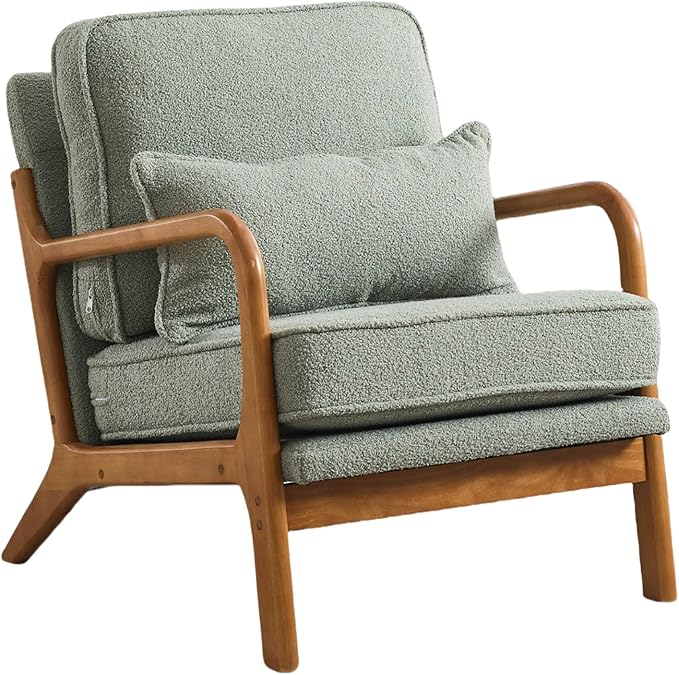 Mid-Century Accent Chair Set of 2,Sherpa Fabric Lounge Chair with Wide Armrest,Sherpa Fabric Armchair with Lumbar Pillow & Solid Wood Frame for Living Room, Bedroom, Balcony (Green)