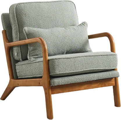 Mid-Century Accent Chair Set of 2,Sherpa Fabric Lounge Chair with Wide Armrest,Sherpa Fabric Armchair with Lumbar Pillow & Solid Wood Frame for Living Room, Bedroom, Balcony (Green)