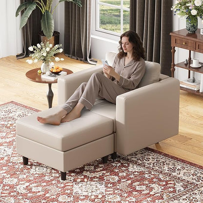 ABCASA Faux Leather Accent Chair with Ottoman,Upholstered Armchair with Storage,Extra-Deep-Seated Modular Single Sofa,Reading Chair with Footrest for Living Room Lounge Chair Whitesand