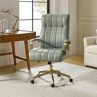 HULALA HOME Modern Executive Office Chair, Faux Leather Tufted Ergonomic Desk Chair with Gold Plated Base & Armrests, 360° Swivel Adjustable Height Tilt Home Office Chair for Work/Study