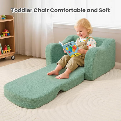 Comfy Toddler Chair & Kids, 2-in-1 Soft Couch Fold Out for Kids, Toddler Chairs Comfy 1-3 Years Old, Convertible Plush Sofa to Lounger for Girls and Boys, Green