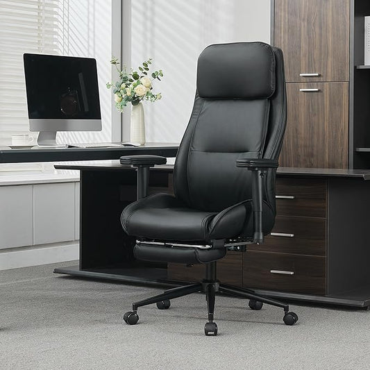 Ergonomic Home Office Chair with Footrest,Modern Faux Leather Reclining Chair,High Back Video Game Executive Computer Chairs with Adjustable Armrest & Lumbar Support,360°Swivel (Black)