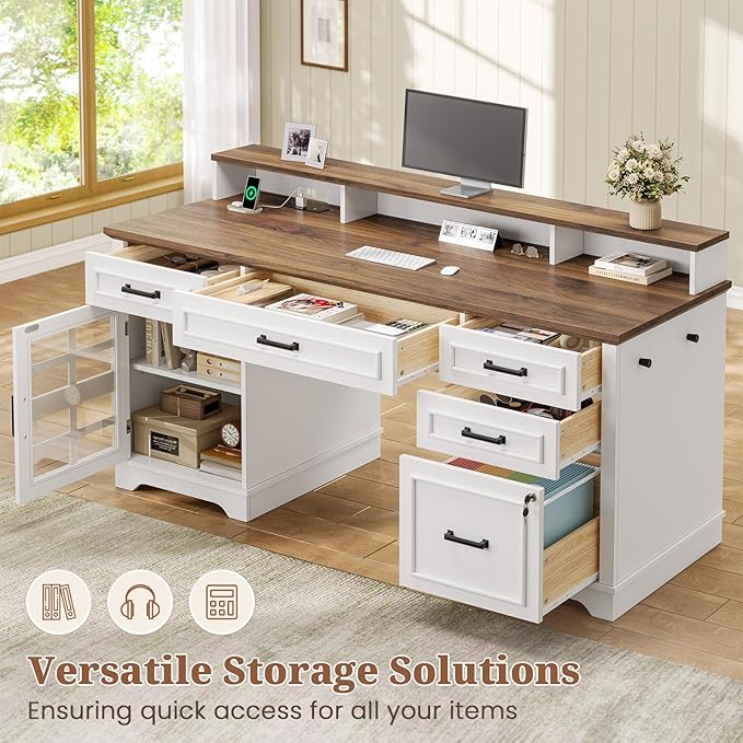 60'' Farmhouse Executive Desk with Drawers, Home Office Desk with Power Outlet & LED Light, Wood Computer Desk with Monitor Stand, Locking File Drawer, Glass Storage Cabinet, Hooks, White