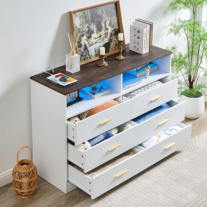 LIDYUK White Dresser for Bedroom, 6 Drawer Dressers & Chests of Drawers, Modern Wood Dresser with Charging Station and LED Lights, 48 Inches Wide Chest of Drawers for Bedroom, Hallway, Living Room