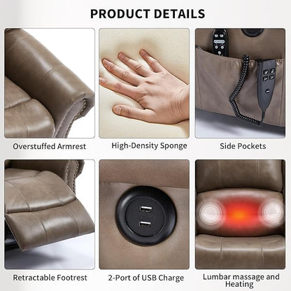 Recliner Chairs for Adults, Oversized Bedroom Chair with Massage, Sofa Chair Home Theater Seating with Lumbar Support, Lift Chair for Elderly, Nursery Chair for Living Room (Genuine Leather)