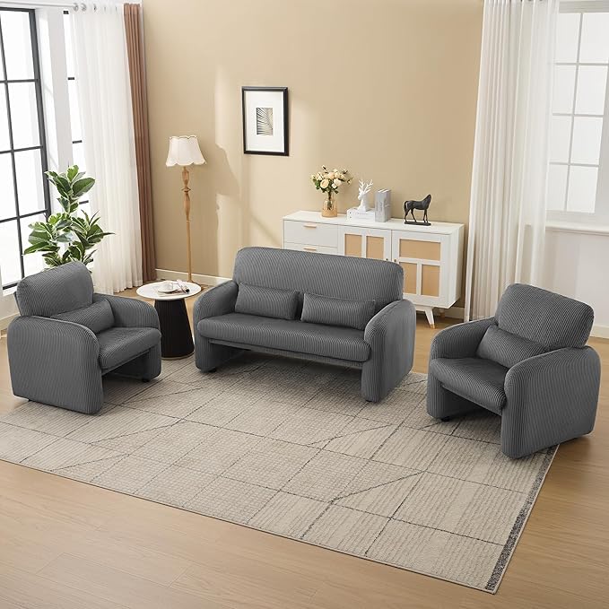 56'' Corduroy Loveseat Sofa, 2 Seater Love Seat Couch for Small Space, Comfy Upholstered Modern Leisure Loveseat Couches with Lumbar Pillows for Bedroom, Office, Living Room, Grey