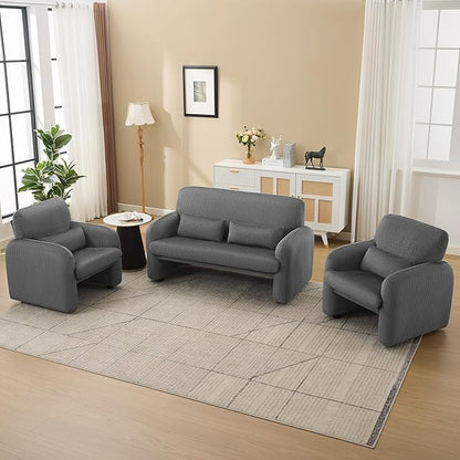 56'' Corduroy Loveseat Sofa, 2 Seater Love Seat Couch for Small Space, Comfy Upholstered Modern Leisure Loveseat Couches with Lumbar Pillows for Bedroom, Office, Living Room, Grey