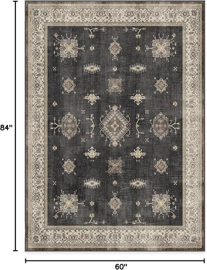 RUGGABLE Washable Vintage Area Rug – Verena Dark Wood 5x7, Stain-Resistant, Non-Slip – Medium Machine Washable Rugs for Living Room, Bedroom, Hallway, Entryway & Office–with Cushioned Pad