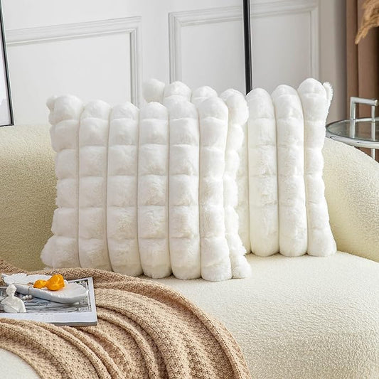 Neelvin Cream White Faux Fur Cozy Soft Plaid Decorative Throw Pillow Covers 16x16 inch Set of 2,Velvet Pillowcase Cushion Case for Sofa Couch