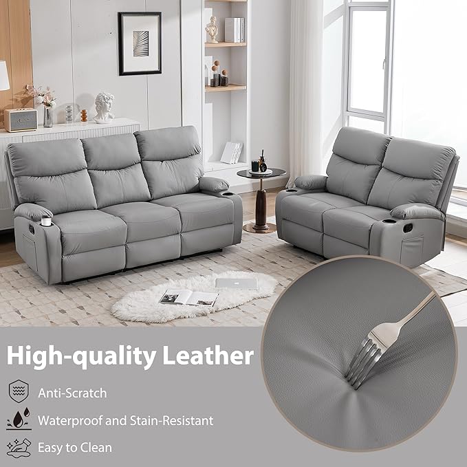 Manual Recliner Sofa Set Anti-Scratch 3 Seats Reclining, Sofa Couches with Side Pocket and Cupholders Wall Hugger Leather Couch for RV Living Room Home Theater Bedroom Apartment