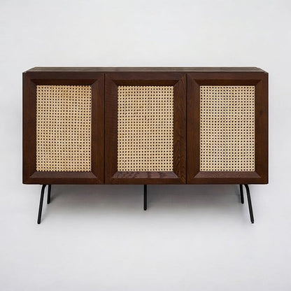NTC MOSSIC Modern Sideboard with 3 Doors, Natural Rattan Storage Cabinet, Buffet with Metal Legs, Boho Accent Cabinet for Living Room, and Entryway, Effortless Assembly - Dark Walnut