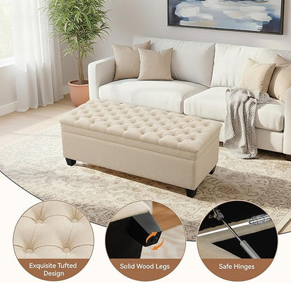 50" Storage Ottoman Bench, Rectangular End of Bed Storage Bench, Upholstered Large Fabric Tufted Ottoman with Storage for Living Room, Bedroom, Entryway,Khaki