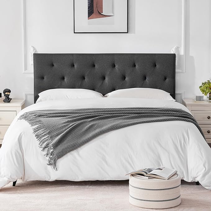 Linen Upholstered Headboard Full Size, Modern Diamond Tufting Solid Wood Full XL Headboard Only, Adjustable Height from 37” to 51” Head Board, Bed Frame or Wall Mount Headboards, Dark Grey