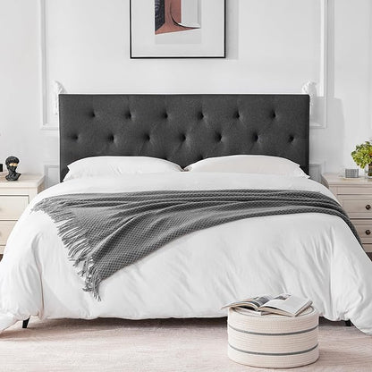 Linen Upholstered Headboard Twin Size, Diamond Tufting Solid Wood Twin XL Headboard Only, Adjustable Height from 37” to 51” Head Board, Dorm Bed Frame or Wall Mount Headboards, Dark Grey