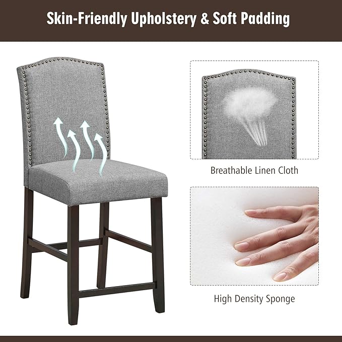 COSTWAY Bar Stools Set of 4, 25'' Upholstered Counter Height Bar Stools with S-Shaped Spring Thick Cushion, Rubber Wood Legs, High Back Leisure Chairs for Living, Kitchen, Dining Room (Grey, 4)