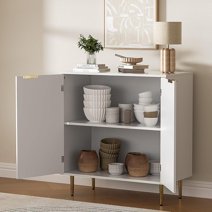 Buffet Sideboard Cabinet with 2 Doors, Modern Kitchen Cabinet with Golden Handles & Legs, Adjustable Shelf, Accent Coffee Bar Storage Sideboard for Kitchen, Living Room, White