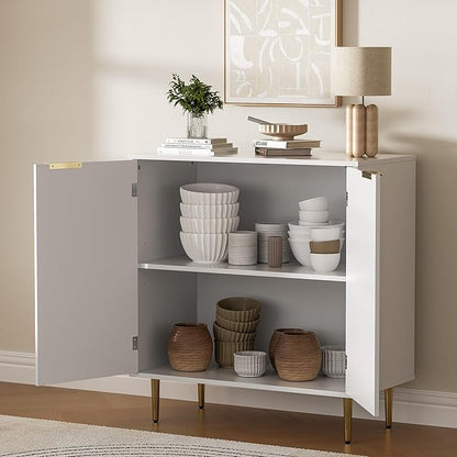 Buffet Sideboard Cabinet with 2 Doors, Modern Kitchen Cabinet with Golden Handles & Legs, Adjustable Shelf, Accent Coffee Bar Storage Sideboard for Kitchen, Living Room, White