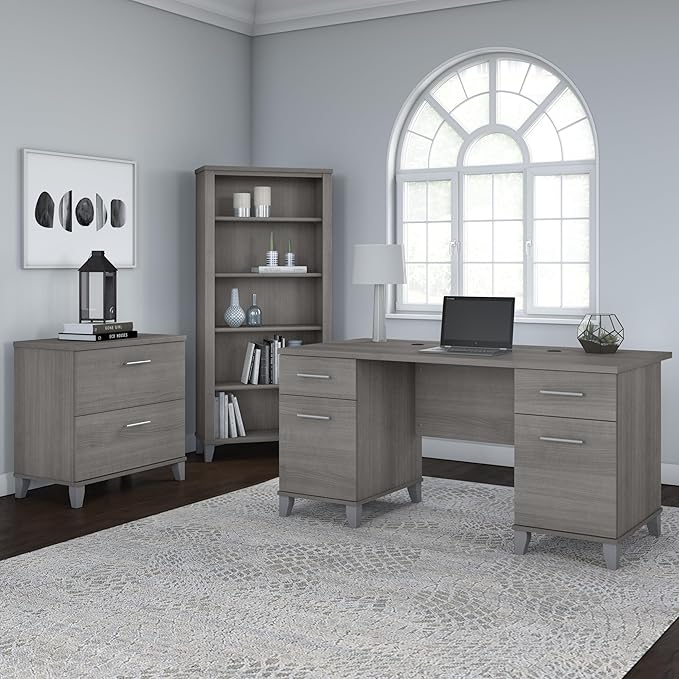 Bush Furniture 60-inch Home Office Desk with Drawers, Large Computer Table with Storage, Transitional Style, Somerset Collection, Platinum Gray