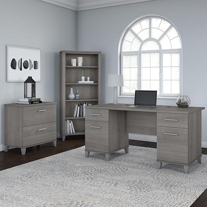 Bush Furniture 60-inch Home Office Desk with Drawers, Large Computer Table with Storage, Transitional Style, Somerset Collection, Platinum Gray