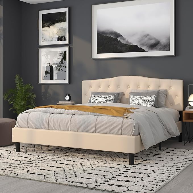 BizChair Tufted Upholstered King Size Headboard in Beige Fabric