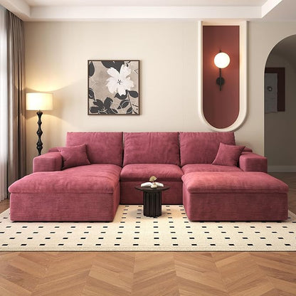 107'' U-Shaped Modern Modular Sectional Cloud Couch Whit Ottoman, 4-Seat Chenille Deep-Seat Sofa with Pillow for Living Room, Bedroom, Apartment, Wine Red