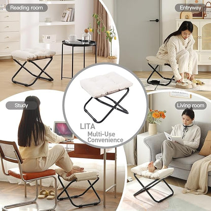 LITA Folding Upholstered Footrest Stool with Straight & Square Shape, Beige