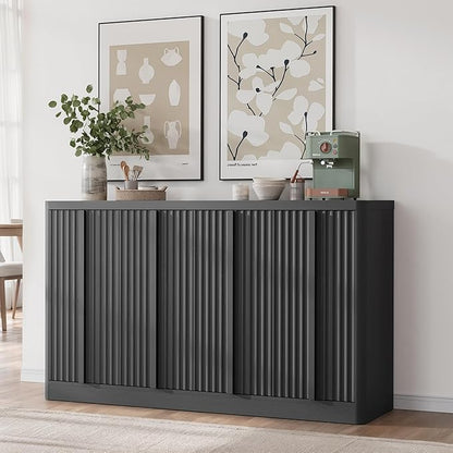 Fluted Buffet Cabinet with Storage, 60" Sideboard Buffet Cabinet with 4 Door, Modern Credenza Storage Cabinets with Adjustable Shelves, Solid Wood Handles for Kitchen, Dining, Living Room, Black(1PC)
