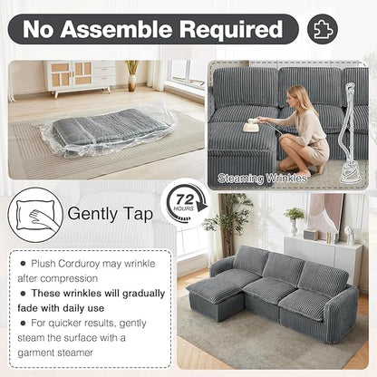 110'' Boneless Modular Cloud Couch for Living Room, Comfy Cloud Modular Sectional Couch with Ottoman, Convertible L Shaped Couches for Apartment, Dorm, No Assembly Required, Grey Corduroy