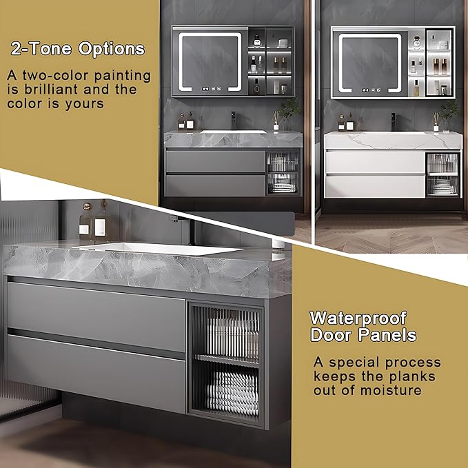 White 44IN Modern Bathroom Vanity - Wall-Mounted Bathroom Storage Cabinet & Bathroom Vanity with Sink, Bathroom Medicine Cabinet Wall Mounted, Defogging & Led Lighting | Bathroom Cabinet Slim
