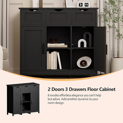 Sideboard Floor Storage Cabinet - Wooden Storage Organizer with 2 Doors and 3 Drawers, Free Standing Accent Buffet Cabinet with Adjustable Shelves for Living Room, Bedroom.Bathroom (Black)