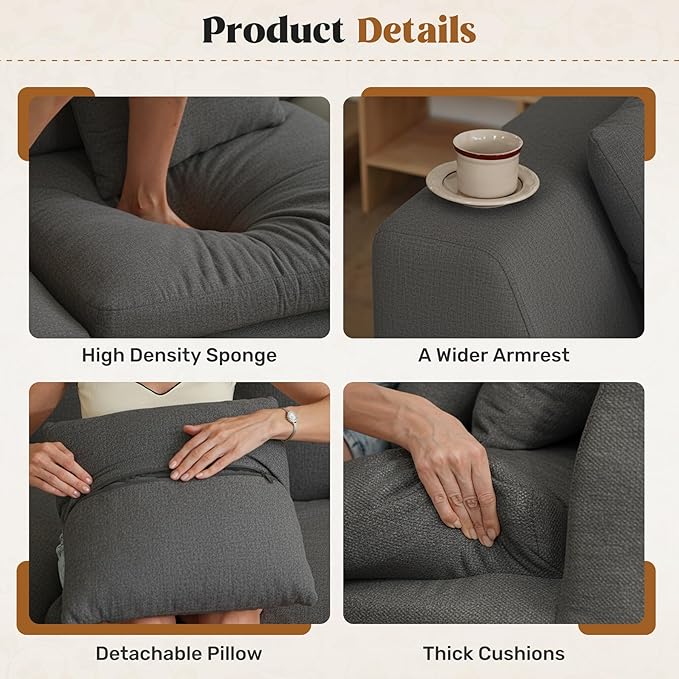 144" Cloud Sectional Couches for Living Room, Convertible U-Shape Couch with Ottoman, 6 Seater Modular Sectional Sofa,DarkGary Chenille