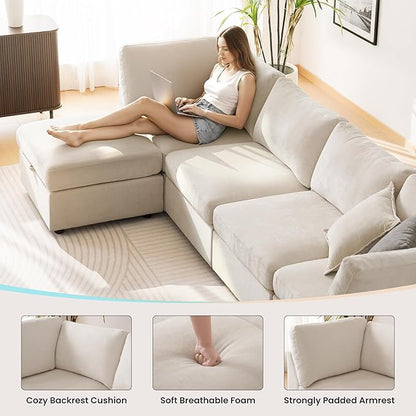 TEKAMON 123" Modular Sectional Sofa with Ottoman,Extra Large Comfy Cloud 4-Seat Deep Seat, Reversible Chaise Modular Sectional Couches for Living Room and Apartmenr,Beige