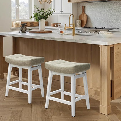 Counter Height Bar Stools Set of 2 for Kitchen Counter Farmhouse Modern Barstools with Faux Leather Upholstered Backless Seat and Solid Wood Legs 24 inch Bar Chairs, Light Grey + White
