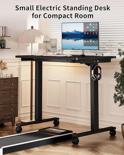 Okin Small Electric Standing Desk, 40 x 24 Inches Whole Piece Height Adjustable Desk, Black Sit to Stand Desks Computer Workstation with Wheels for Home Office